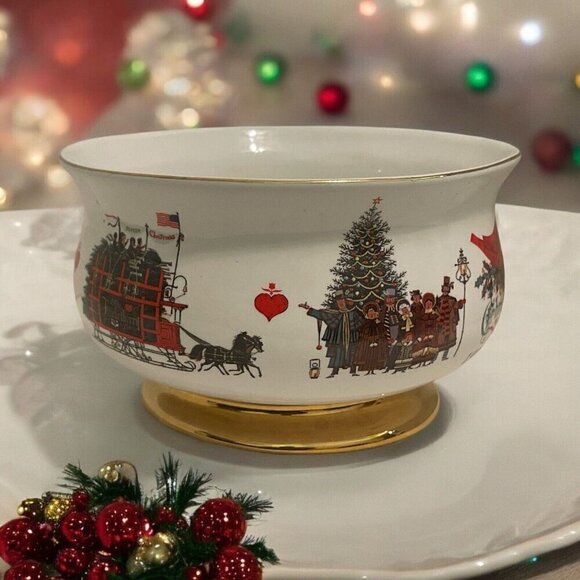 WYSOCKI Christmas Love Bowl 1999-2000 Ceramic Teleflora Bowl Gold Accent Trim - Picture 5 of 16